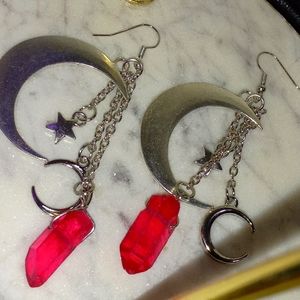 Crecent moon silvertone drop crystal earrings
